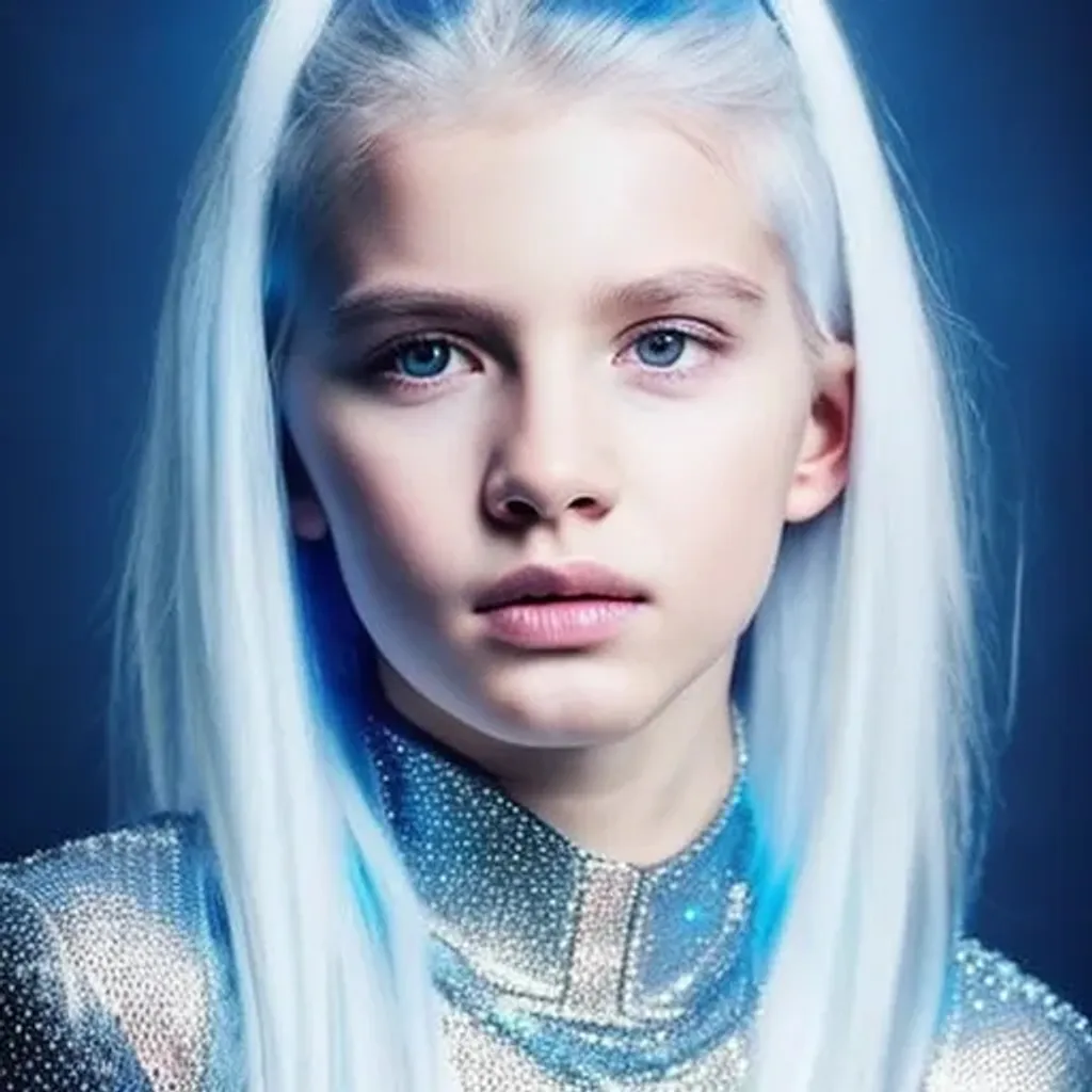 Prompt: cute beautiful {russian} child girl from another civilization and race, dressed in beautiful soft transparent silver clothing with geometric symbols, standing on the spaceship, Multidimensional reality, parallel world, closeup portrait with soft light bokeh, , beautiful intricate {white and soft blue hair}, natural color of lips, symmetrical face, anime wide blue eyes, soft lighting, {deep blue eyes with ultra details}, {deep blue eyes with light reflections}, {{{ultra high blue eyes render details}}}, ultra-realistic soft lighting, {smooth soft skin}, sharp eyes, cute smile, {eyes with reflection}, bright soft light from the behind, {5 fingers with ultra high details and render quality}