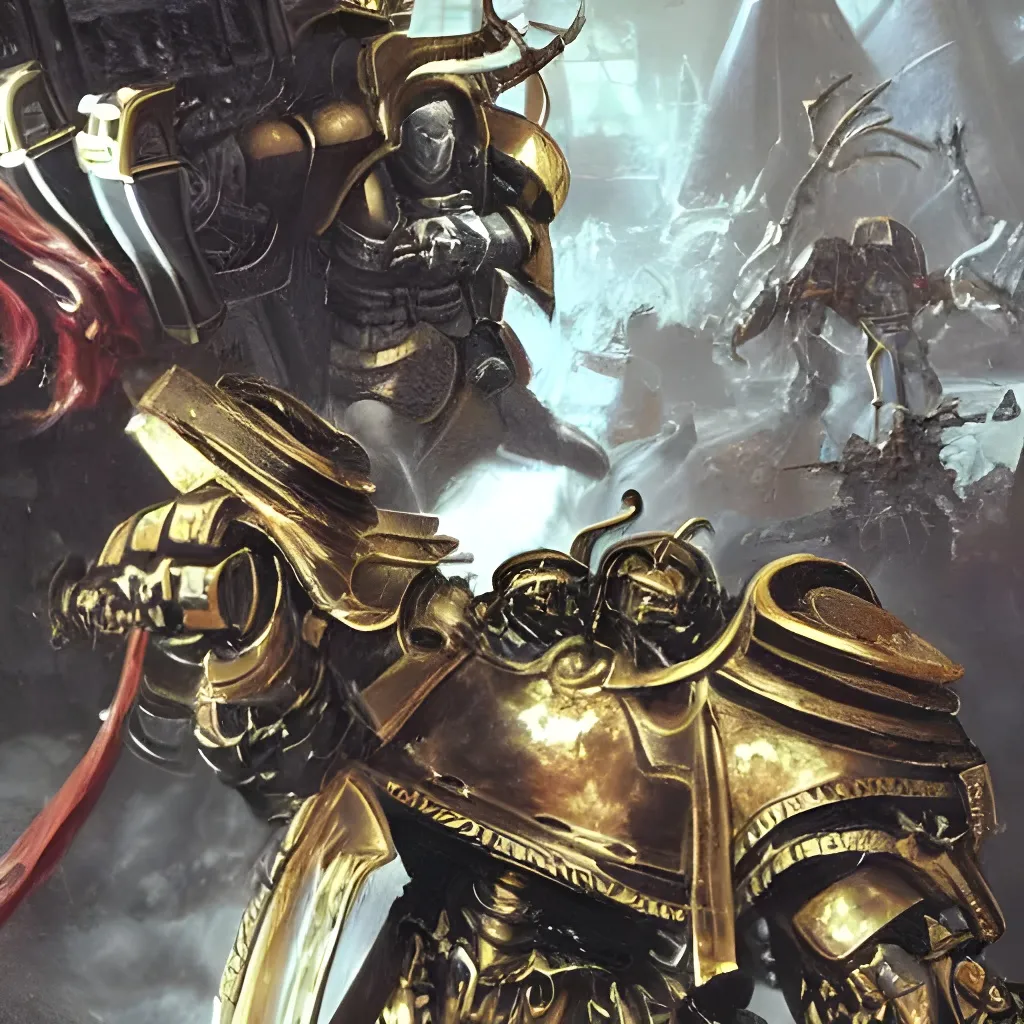 Prompt: Adeptus Custodes fighting Nyarlothotep