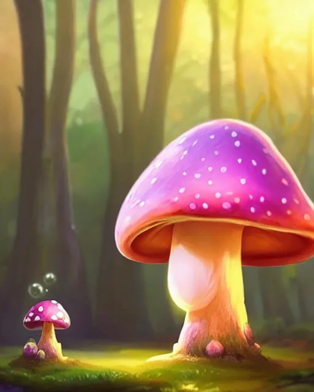 Prompt: concept character art for a cute fantasy mushroom creature with arms and legs, large adorable anime eyes, centered, fantasy mushroom forest, bokeh effect, magical lighting, golden hour, lens flare, pastel pink glow, beautiful glowing lights, bio-luminescence, epic fantasy, fine art, clean, polished, trending on artstation, brush strokes, smooth, sharp focus, professional award-winning illustration, matte painting by pixar, luke chueh, matt dangler, greg rutkowski, dan mumford