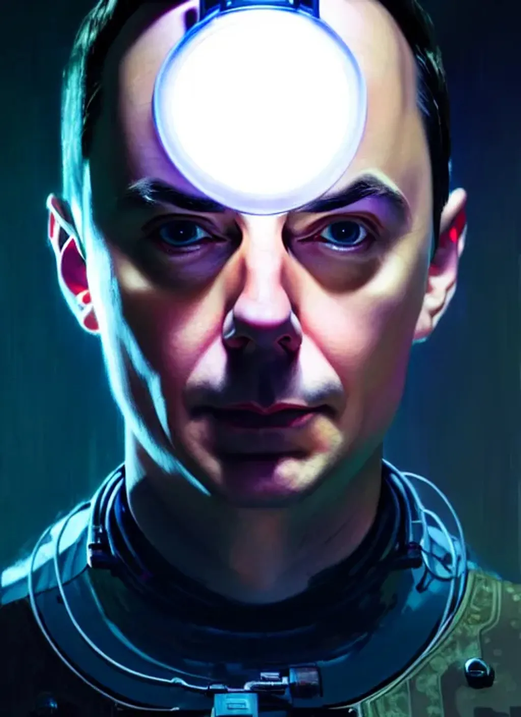 Prompt: Sheldon Cooper, intricate Three-point lighting portrait, by Ching Yeh and Greg Rutkowski, detailed cyberpunk in the style of GitS 1995