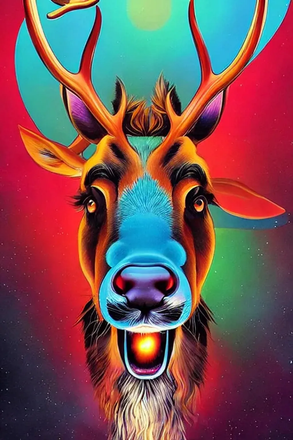 Prompt: Reindeer caricature by Tiago Hoisel and Moebius, perfect facial features, vivid color, cinematic, epic