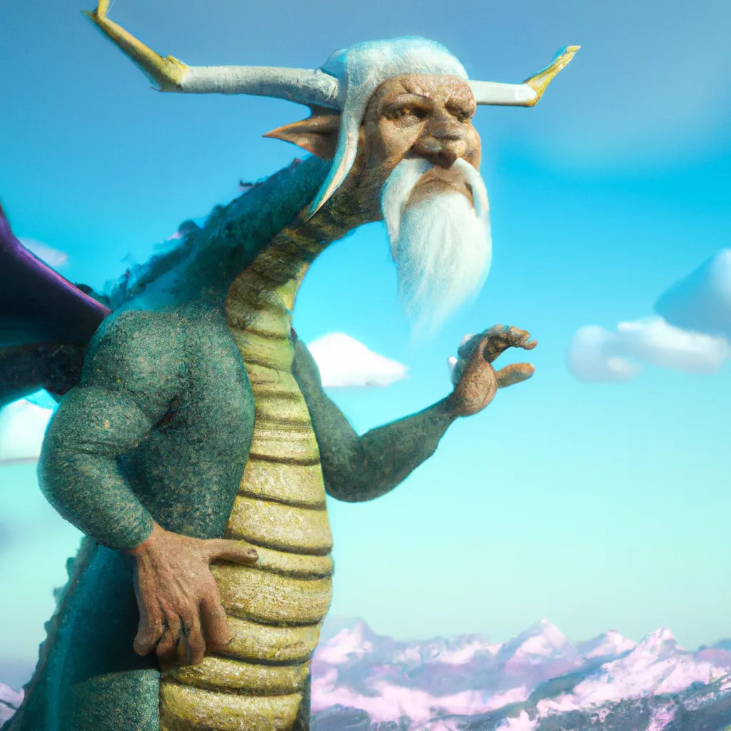 Prompt: 3d render of a old dragon wizard at a skyland in the style of Pixar, Disney and DreamWorks