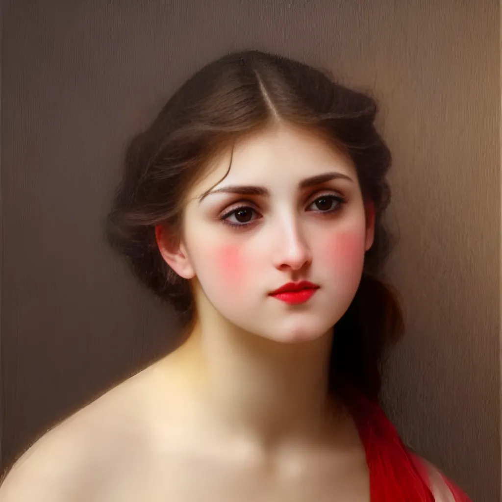 Prompt: A female model with a soft detailed realistic face, soft glowing skin tone, attractive, hopeful, charismatic, blushed cheeks, sultry blazing blue eyes, blood red lips, shapely nose, resolute, strong, William-Adolphe Bouguereau-like, realistic detail, hyper-realism, photo-like 8k