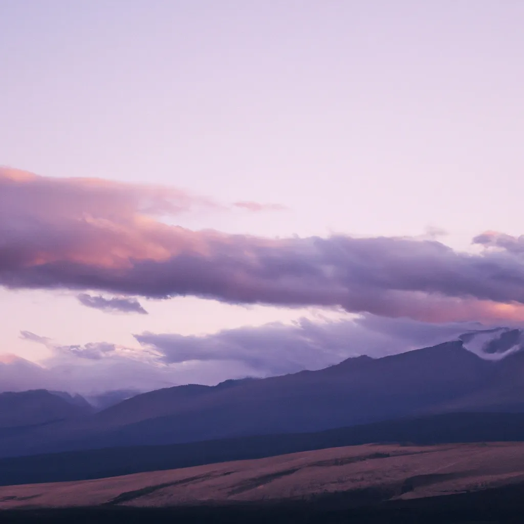 Prompt: Beautiful mountain range. early in the morning. cinematic. cirrus clouds. landscape photography. early purple sky