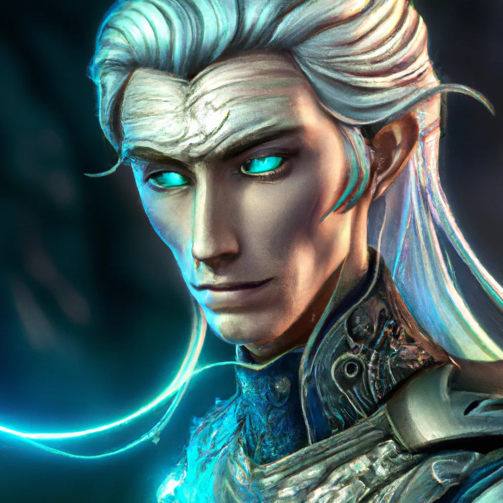 Prompt: Character portrait of a slender young half elven man with white hair, piercing turquoise blue eyes, and pale blue skin, wearing sleek pearlescent black armor, by greg rutkowski and mark brookes and jim burns and tom bagshaw and magali villeneuve, trending on artstation