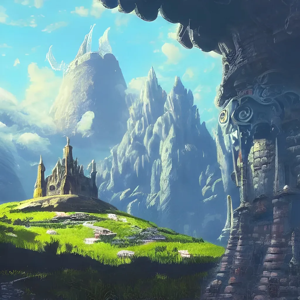 Prompt: an imposing and highly ornamented fantasy castle, carved from sapphire stone, atmosphere, dramatic lighting, beautiful landscape, epic composition, wide angle, by miyazaki, nausicaa ghibli, breath of the wild