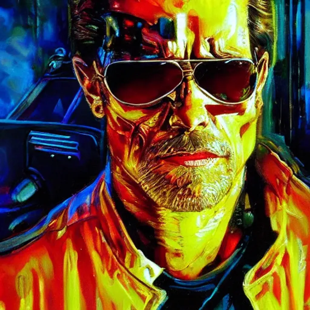 Prompt: Terminator, https://cdn.openart.ai/uploads/upscaled/abstract-art-neon_j3huwl8M_upscaled.jpg, https://cdn.openart.ai/uploads/image_random_m8n0G2pD_1671769589492_512.webp, artstation, by greg rutkowski, Jason Edmiston, cyberpunk, random shot angle, random background 