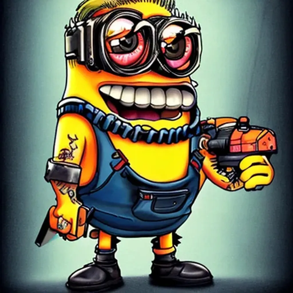 Prompt: muscular Minions with a chainsaw, cyberpunk, tongue, Simpsons style