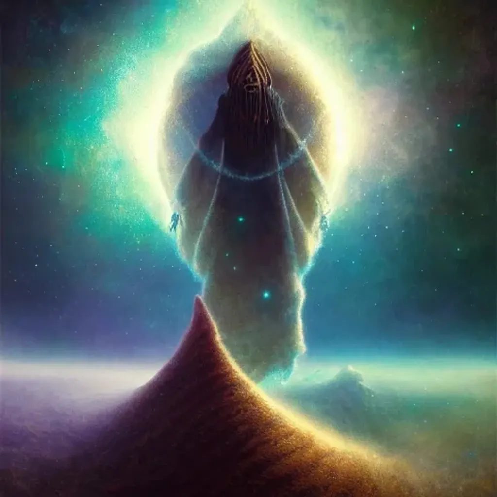 Prompt: Space Nomad, Magical Circle, Starry Cloak, Nebula Hair In Endless Void, Astral Currents, Cosmic Waves | steampunk, 8K, Hdr, Fantasy, DG Dn, soft color palette, Zdzislaw Beksinski