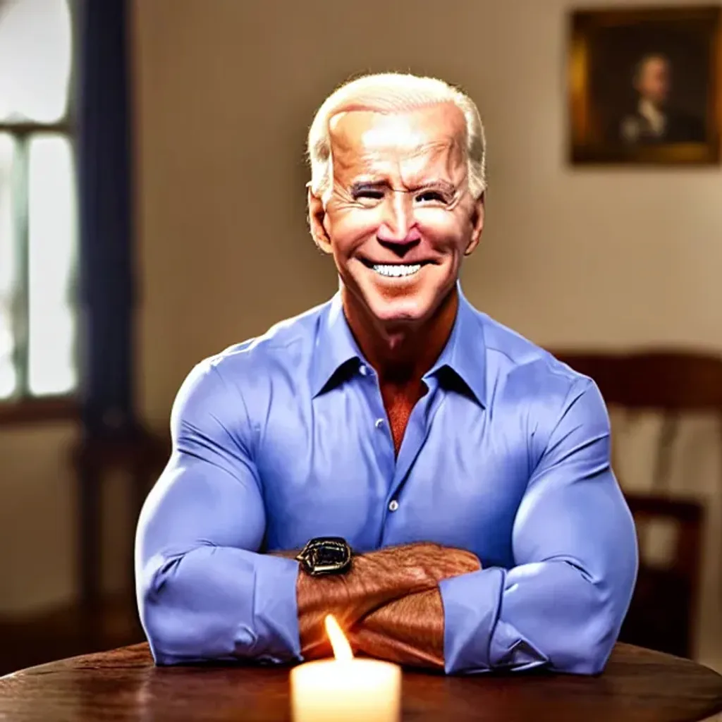 Prompt: bodybuilder Joe Biden sitting at a candlelit table, (ultradetailed) aged face, smiling romantically at the camera, center frame, sultry, alluring, enticing, romantic, diffused lighting, (sharp focus), intricate detail, uhd, 8k, professional photography, 