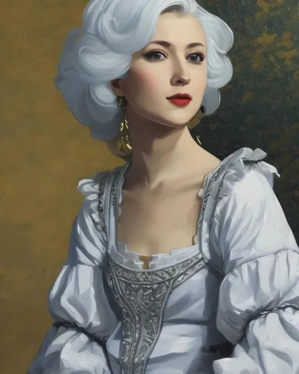 Prompt: white haired woman, ((baroque oil painting)), (((anime character concept))) art, trending on pixiv fanbox, (rule of thirds), (golden ratio), (detail acrylic palette knife), (((in the style of norman rockwell)))