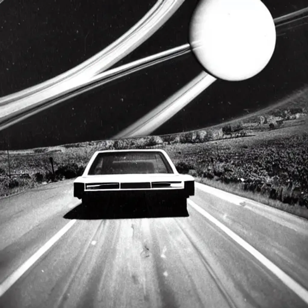 Prompt: 1980s car driving down road with an exploding saturn in the background and everything is black and white except for the cars headlights which are green and pink