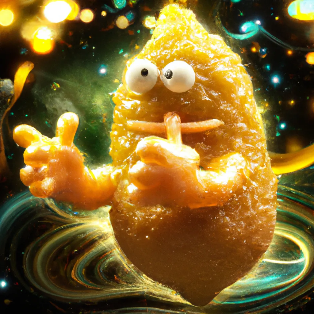 Prompt: silly lemon character tasting his hand, crisp and fluffy details, knitted nebula, light particle effect rendered by dale chihuly and jeff koons