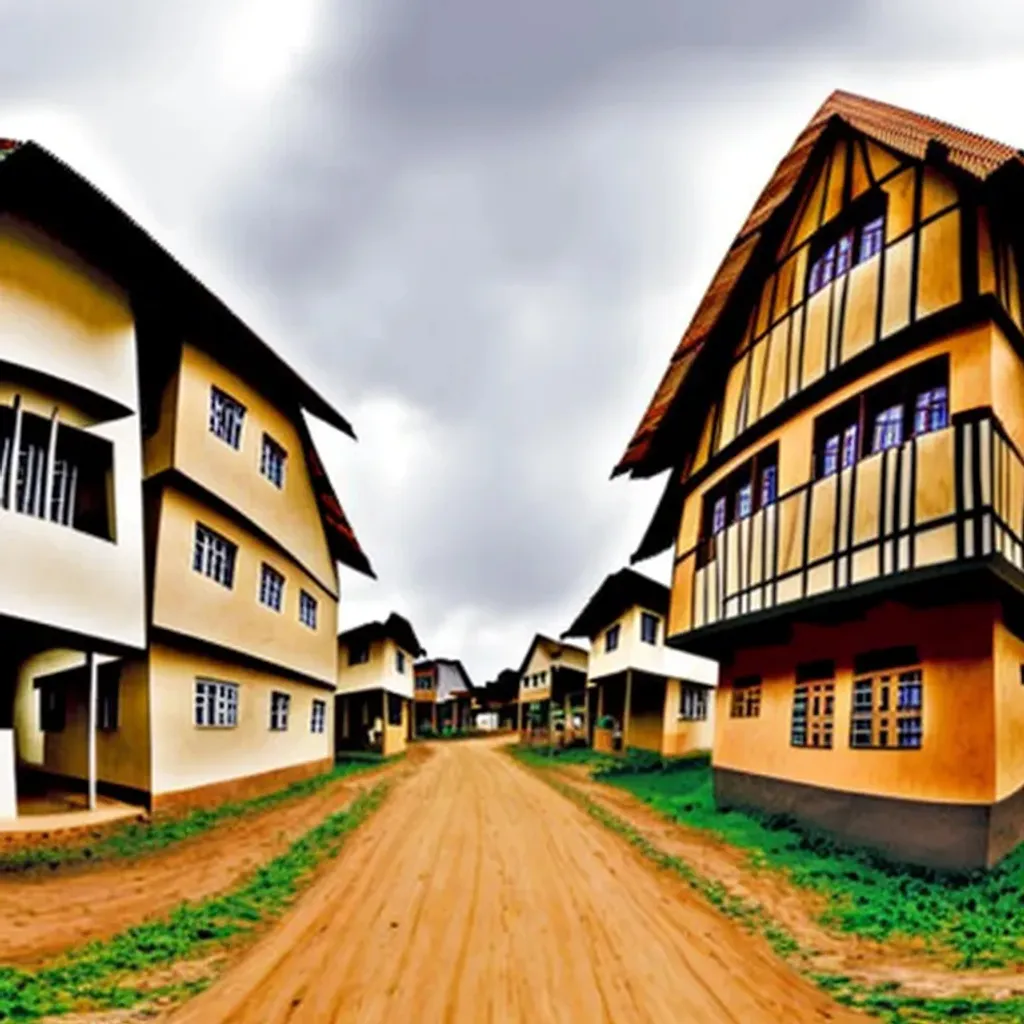 Prompt: A German village in Africa with timber frame houses, broad light, overcast, photograph, highly detailed, German timber houses, over the shoulder perspective, wide angle lens