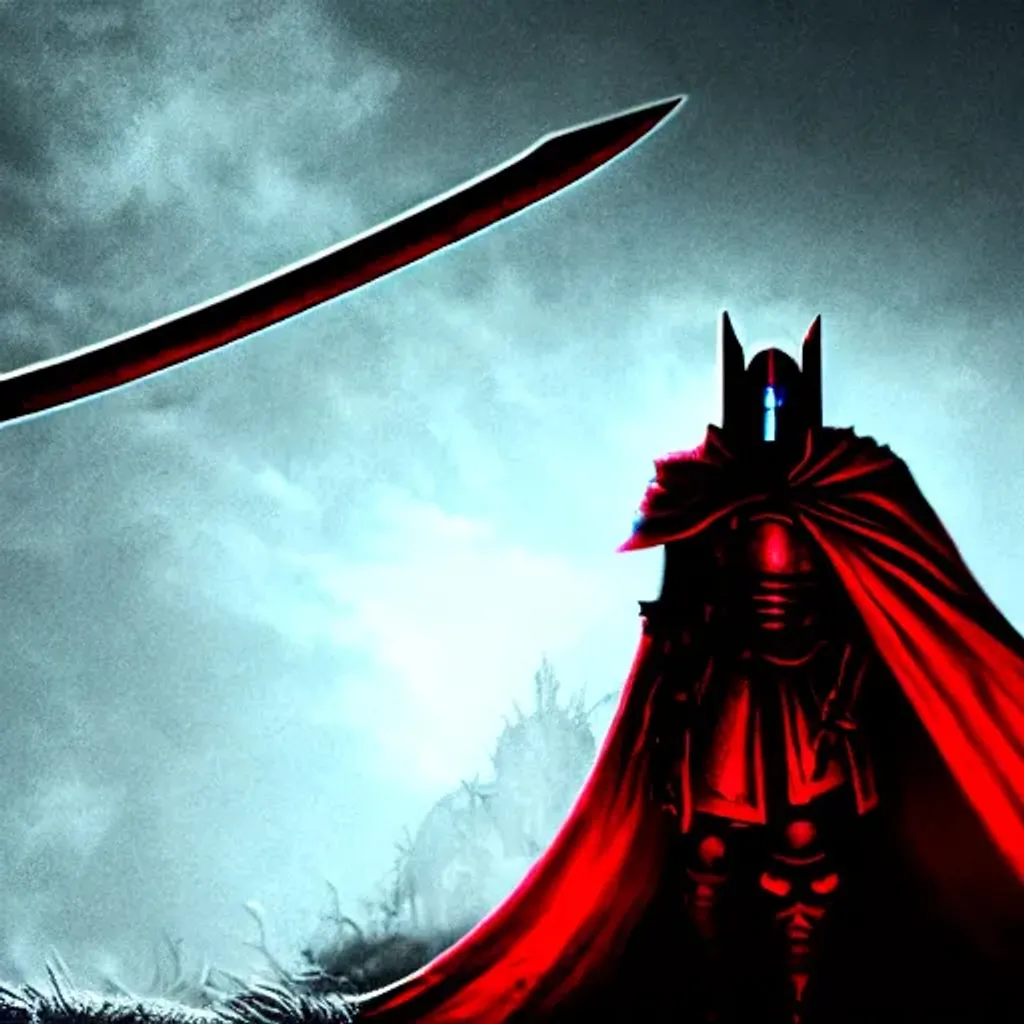 Prompt: Dark and terrifying knight, shadowed, red glowing eyes, has a sword