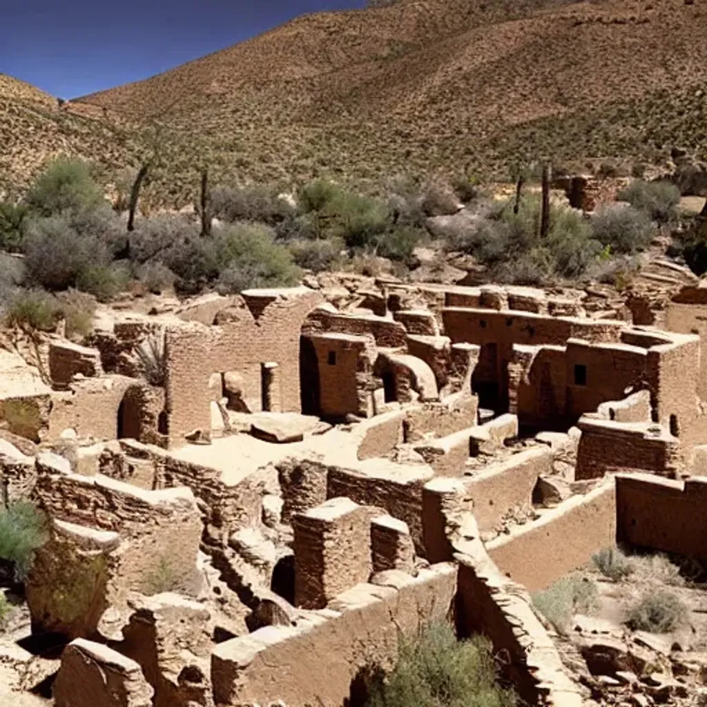 Prompt: Photograph of ancient pueblo ruins in a canyon, showing terraced gardens and lush desert vegetation in the foreground,  by Timothy H. O'Sullivan.