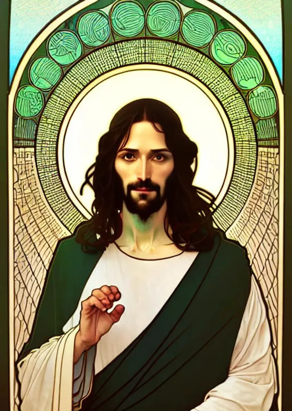 Prompt: Illustration of Jesus Christ, Son of God, straight black hair, full body, path traced, highly detailed, high quality, digital painting, by alphonse mucha, leesha hannigan, hidari, art nouveau, chiho aoshima, posuka demizu, pastel