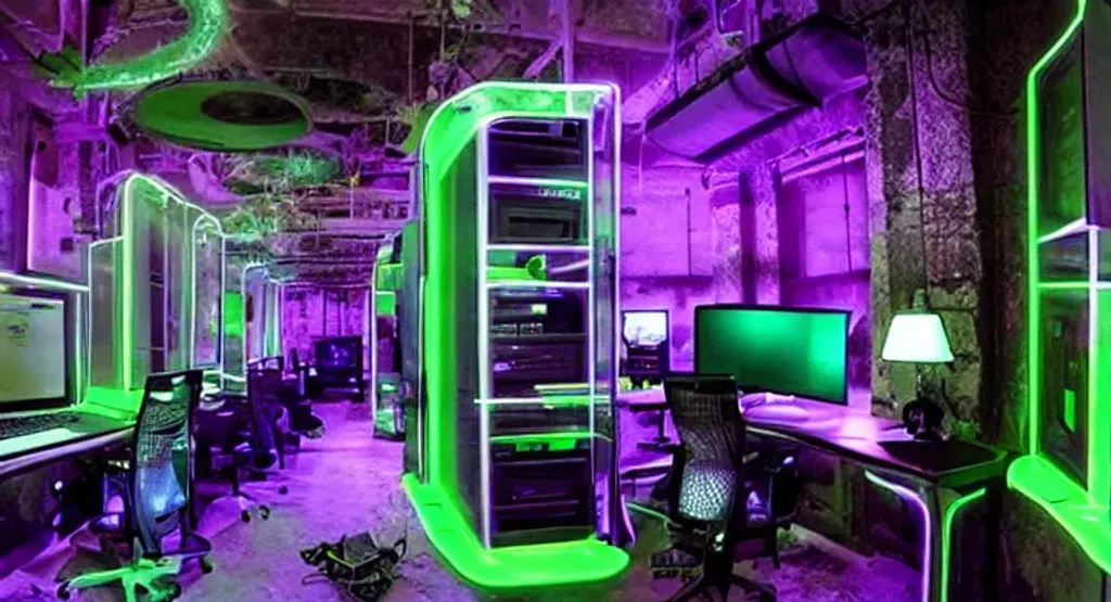 Prompt: small ornate gothic computer hacker den and desktop with green neon lighting, multiple screens and various futuristic hacking devices and laptops set up. gothic floor lamps are on either side of the desk. the room has detailed gothic architecture features

