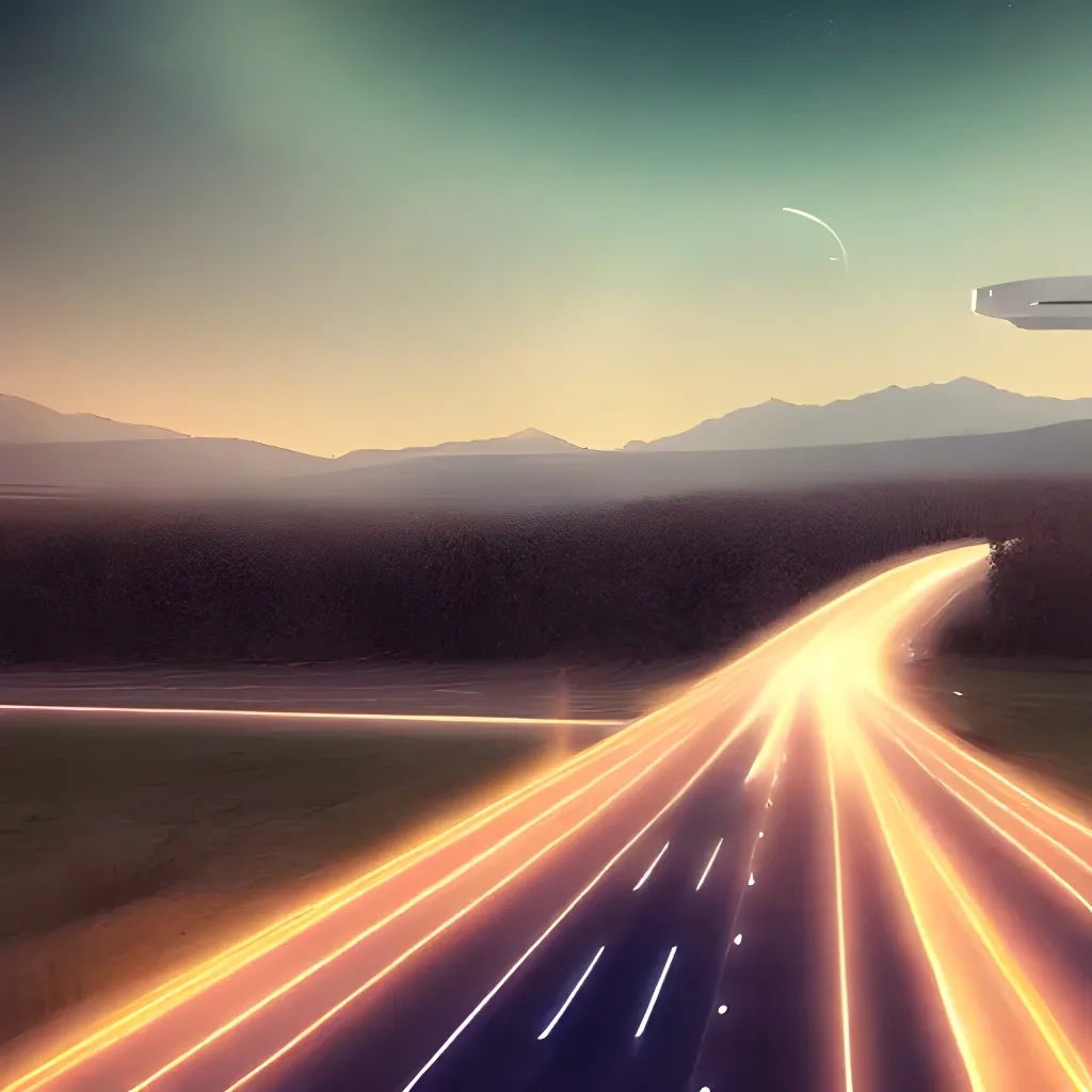 Prompt: a car that travels through highway in a night, sky UFO, 8k, cinematic, unreal engine render