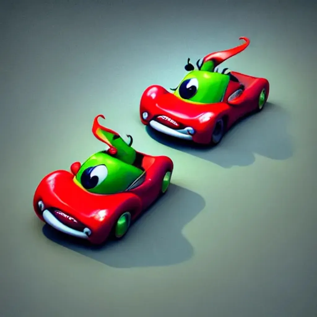 Prompt: Two race cars of anthropomorphic hot chilis peppers, one red and one green, skateboarding| Giant Cosmic mushroom  | cute girl | in the style of Bosch | perfect exposure | soft muted colors desaturated | 3d render | octane lighting | dream fantasy | centered | octane render artstation trending 8k ultra-detailed  | sharp focus golden ratio | Disney Pixar Dreamworks 