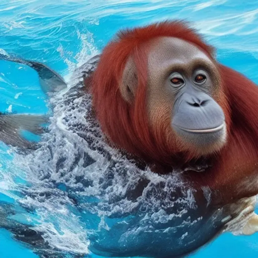 Prompt: beautiful orangutan whale swimming in the ocean, 64k, hyper realistic, real life, highly detailed