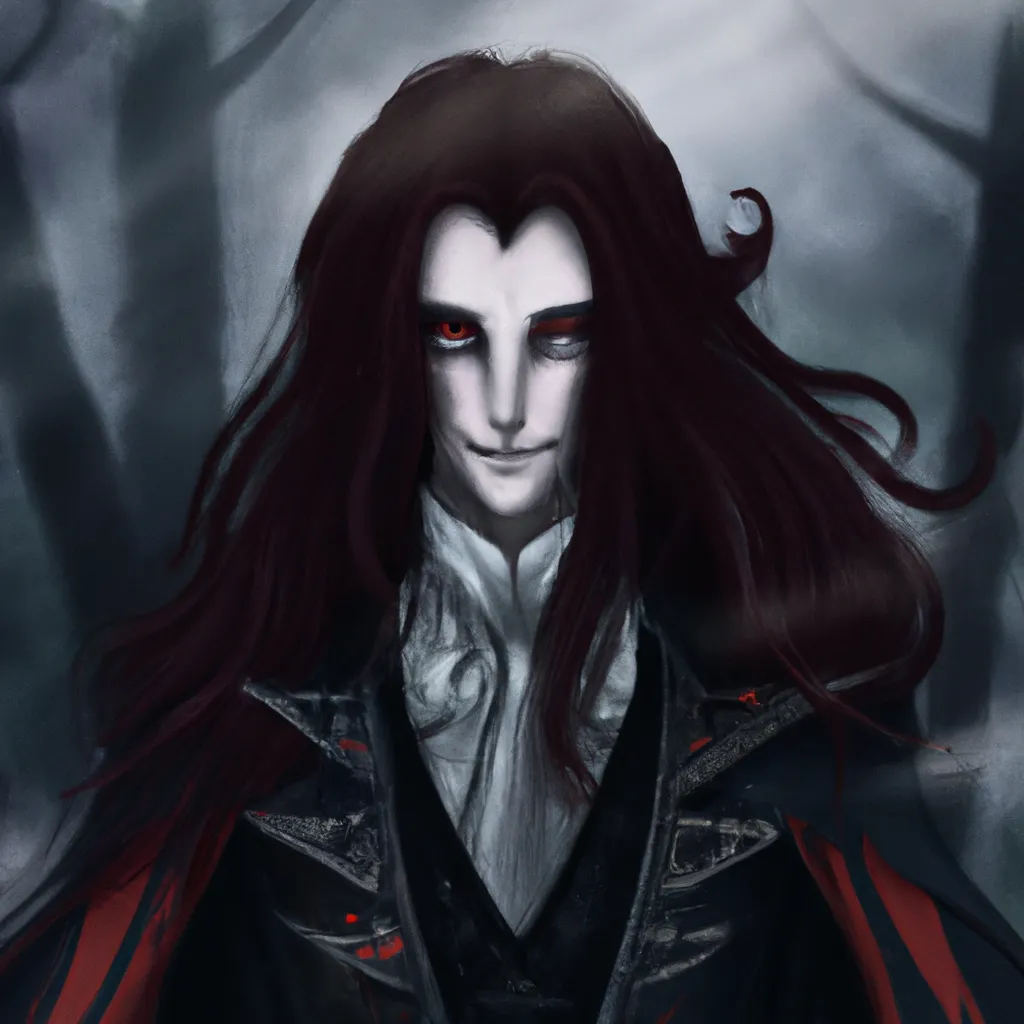 Prompt: A digital portrait of steampunk gothic vampire with long hair and red eyes, beautiful face, and a long black cape, with a dark rainy forest on the background, high quality illustration