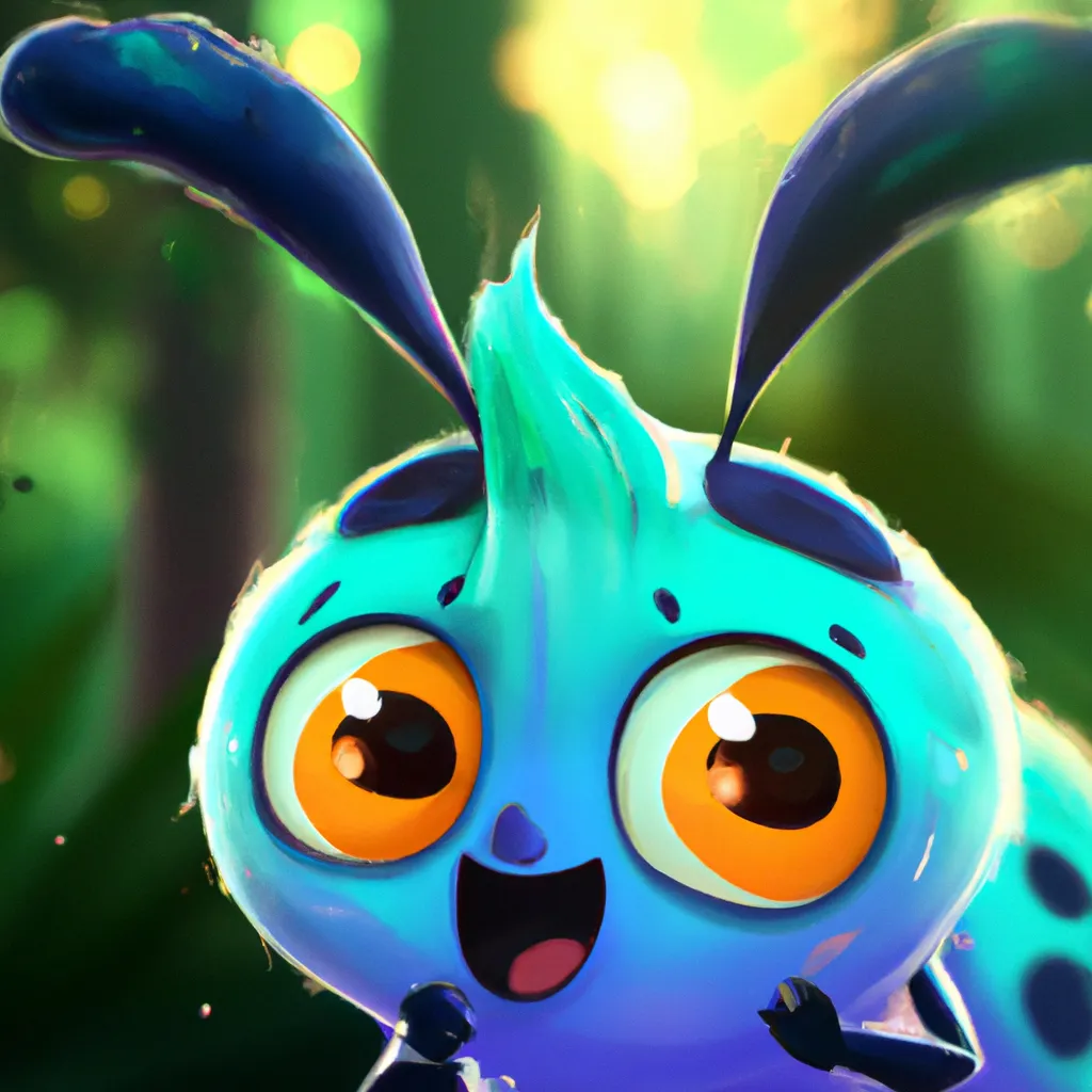 Prompt: Key Disney Visual of an enthusiastic cute anime weevil critter , background is a forest, green and blue and purple colour palette; Digital art, trending on artstation, Photorealistic Illustration, anime key visual, cinematic, Ultra Detailed , trending on pixiv, kawaii eyes