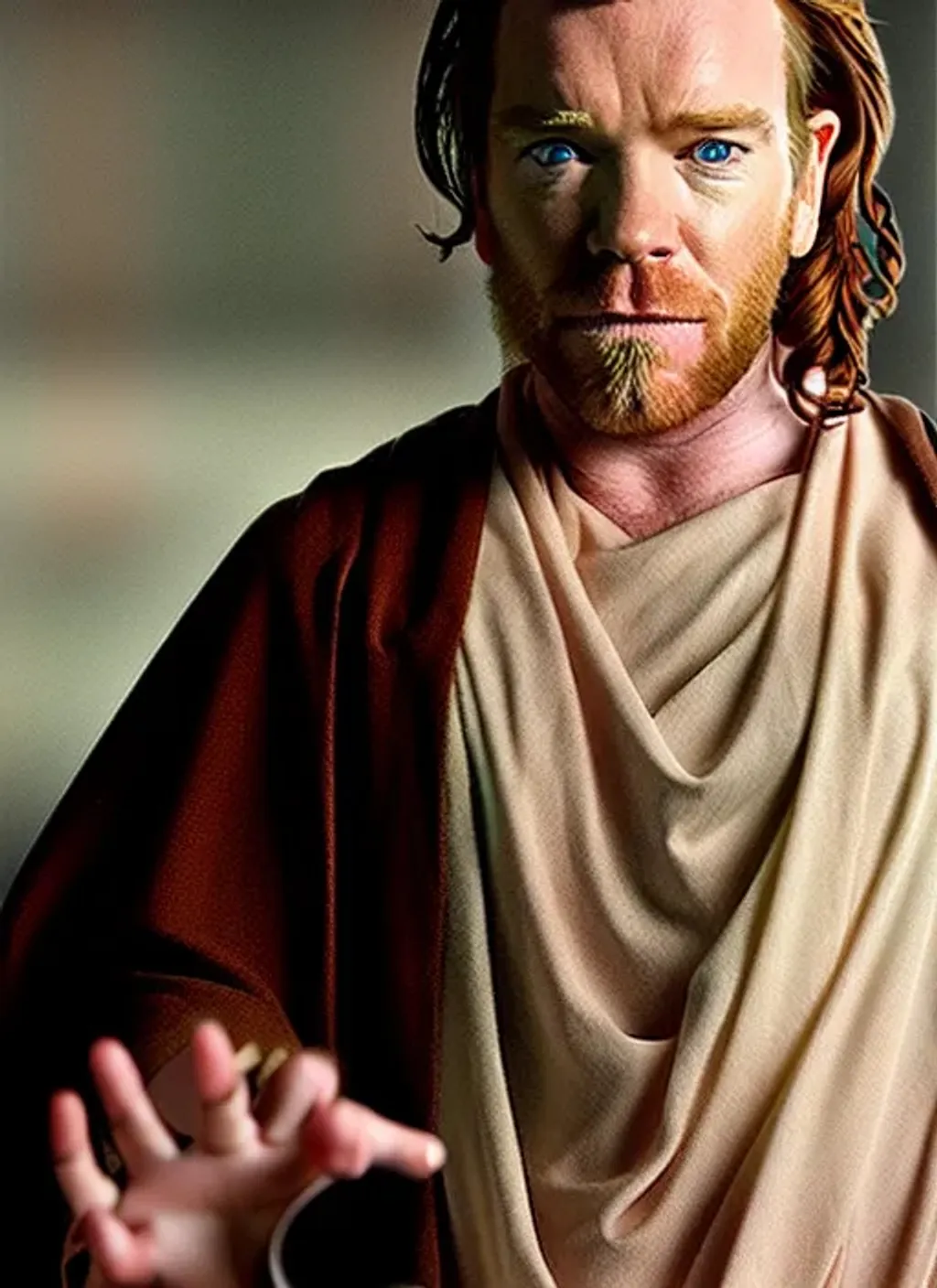 Prompt: A publicity photo of Ewan McGregor as Jesus, colour, taken 2009