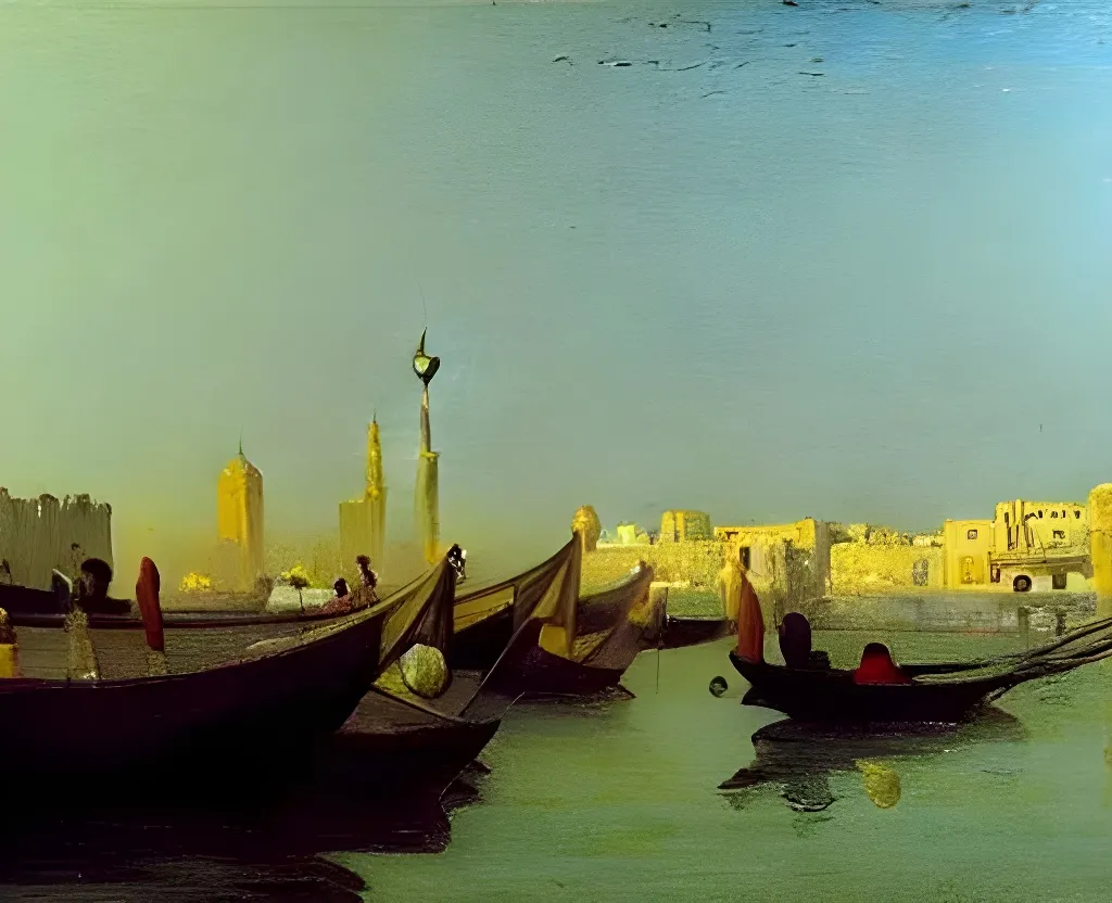 Prompt: beautiful oil painting of dubai creek many arabian people crowded on small boats water ripples reflections gazing sunlight, pale colour scheme, oriental arabesks, edward hopper canaletto