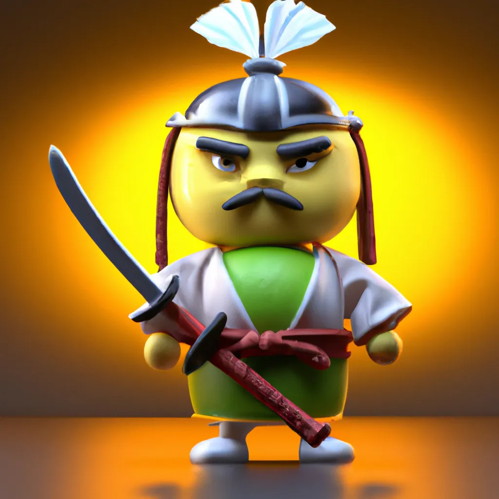 Prompt: 3D pixar render of an angry lemon samurai with two arms and two legs wearing samurai robes, samurai hat, pixar character, sitting in a samurai dojo