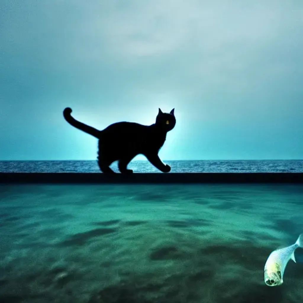 Prompt: cat walking on clear ocean water with fish in water, dark cloudy sky, fog, liminal space, hdr