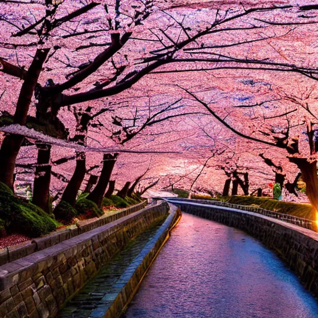 Prompt: sunrise in japan with cherry blossoms