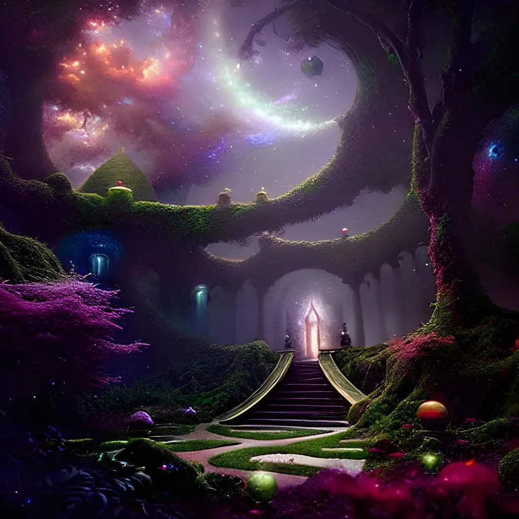 Prompt: Enchanted Garden 64k resolution ultrahd holographic astral cosmic digital painting by Michal Karcz Grzegorz Rutkowski Epic cinematic brilliant stunning intricate meticulously detailed atmospheric maximalist digital painting galactic space