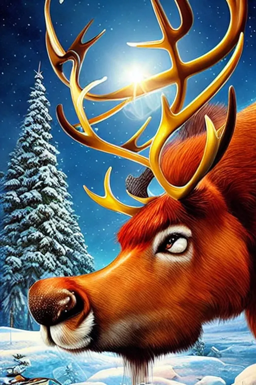 Prompt: Reindeer caricature by Tiago Hoisel and Moebius, perfect facial features, vivid color, cinematic, epic