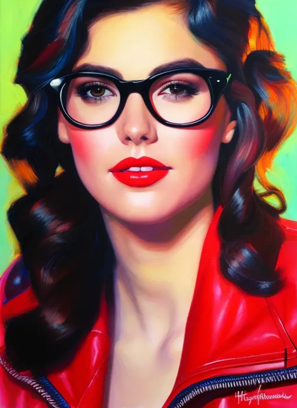 Prompt: Facial portrait of a pretty cute nerdy teenage girl, hispanic, pale skin, black hair, short hair, dark brown eyes, glasses, red jacket, vivid colors, neon, 80s, looking at the camera, extremely detailed painting by Greg Rutkowski and by Henry Justice Ford and by Steve Henderson