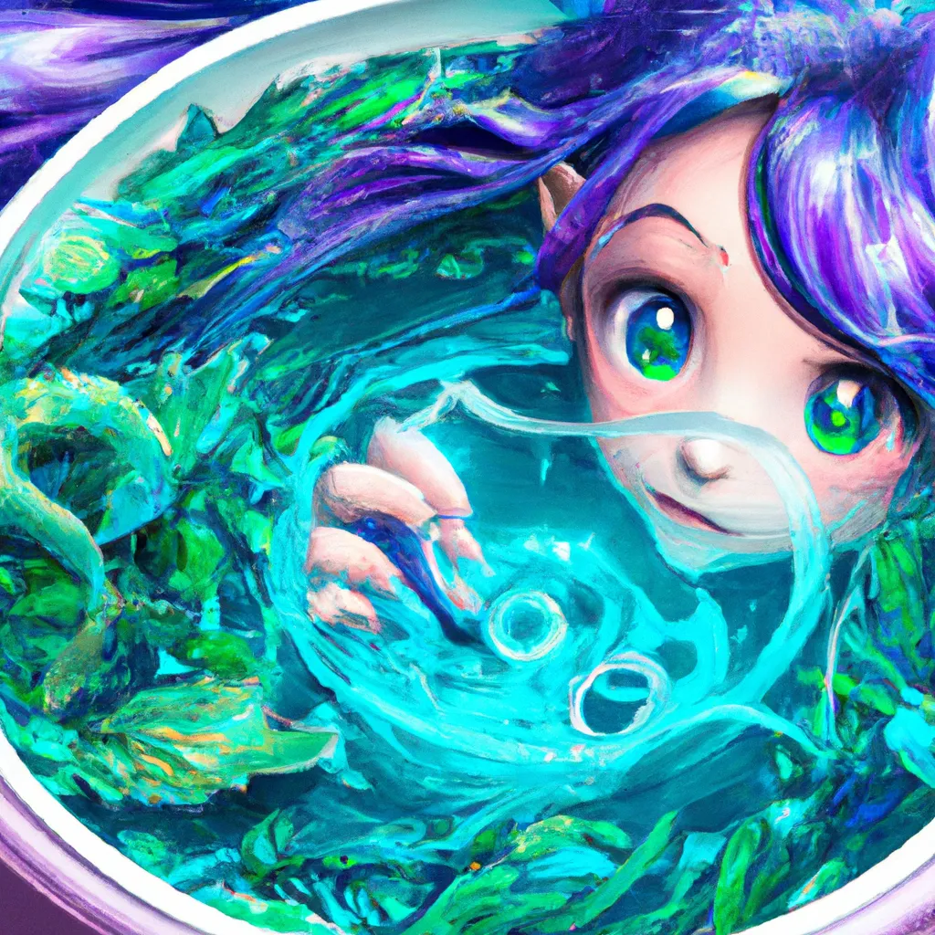 Prompt: Key Disney Visual  Of A cauldron opening up a portal into the ocean where you see a  happy anime mermaid with blue hair swimming past green sea weed waving happily at you, green tail  purple cauldron, Digital art, trending on artstation, Photorealistic Illustration, anime key visual, cinematic, Ultra Detailed , trending on pixiv, kawaii eyes , blue colour pallete