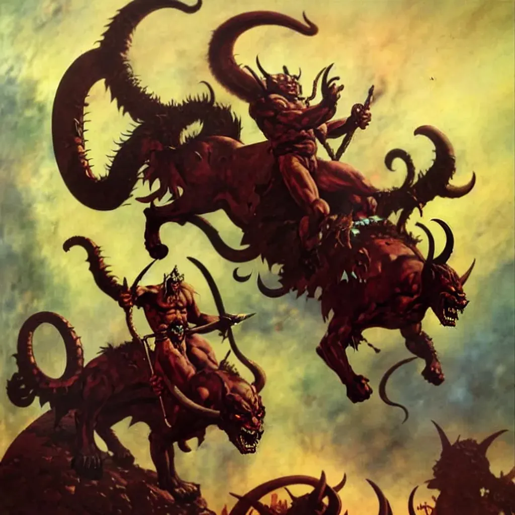 Prompt: Demon terror cruelty elves of Slaanesh ride giant demon cats to war, banners, fantasy art by Frank Frazetta, by Marc Simonetti, highly detailed, oil on canvas