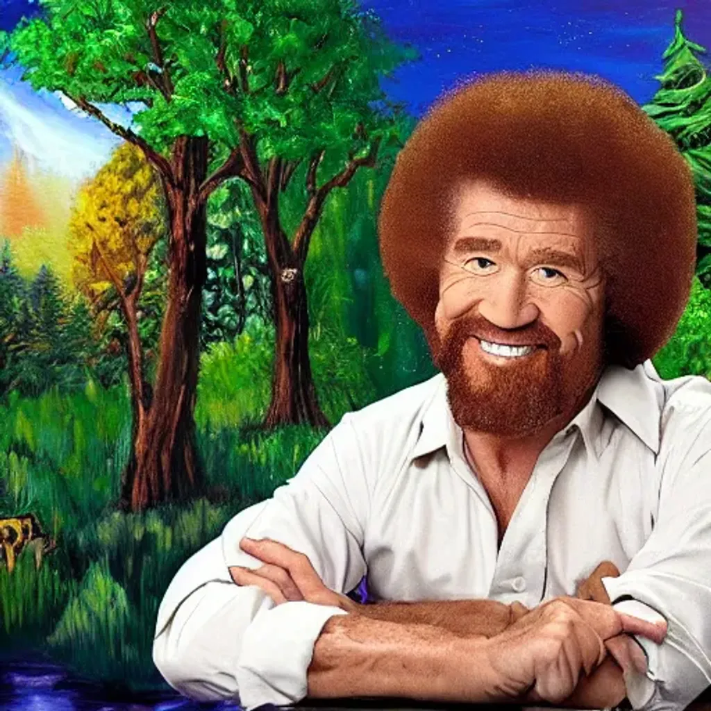 Bob Ross painting with happy trees