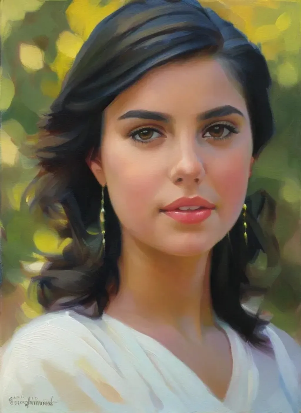 Prompt: Facial portrait of a pretty cute teenage girl, hispanic, pale olive skin, black hair, short hair, dark brown eyes, looking at the camera, extremely detailed painting by Greg Rutkowski and by Henry Justice Ford and by Steve Henderson