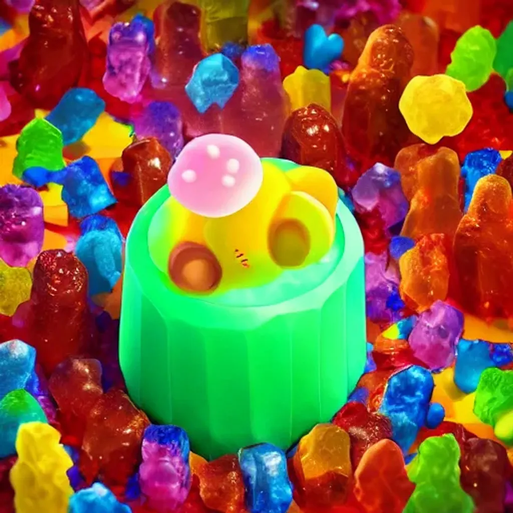 Prompt: A 3d studio photograph of a fantastic gummy bear ice cream kulfi , fantasy, isometric view, extreme closeup, centered, crystal clear sharp focus and high contrast. Ultra realistic, trending on Artstation, octane render, Cinema 4D, Houdini, Maya, blender 