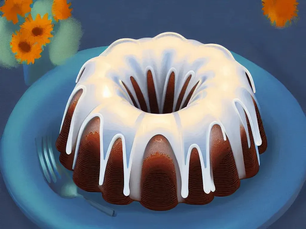 Prompt: Bundt cake on blue table, digital painting