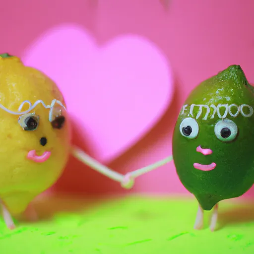 Prompt: Anthropomorphic Lemon and lime as cute girl and guy hand in hand with big pink heart filling in the background.
