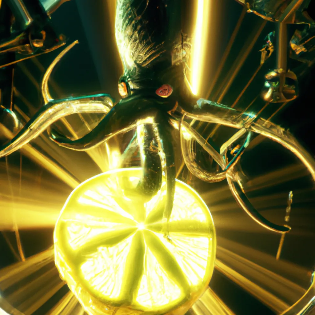 Prompt: A spectacular 3D render of a humanoid Cthulhu, Fabergé radioactive lemon, that shots a futuristic laser, at an hostile alien army. Dramatical rays of light, skeumorphism, ultra high quality, unreal engine, super realism, shot on Nikon 80 mm, H.R. Giger, John Atkinson Grimshaw, M.C. Esher, Artstation.

