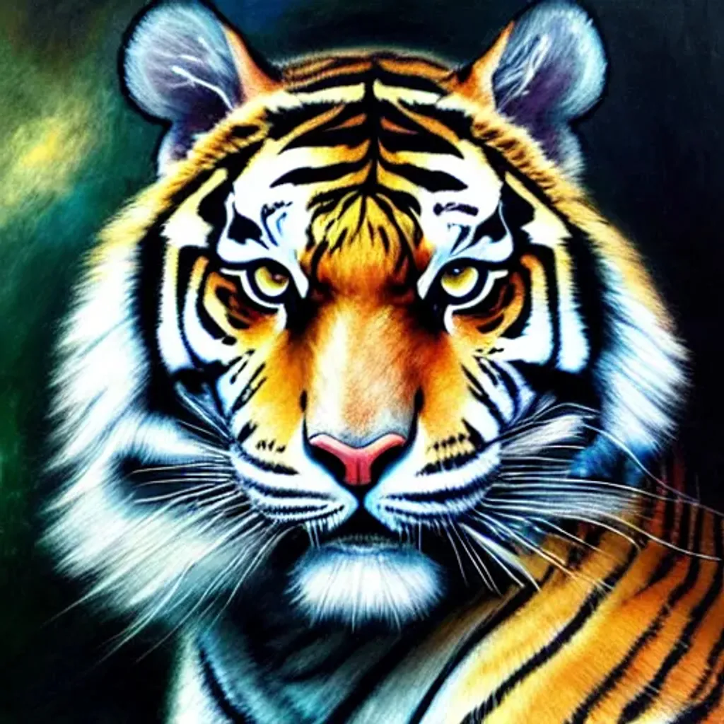 Prompt: Tiger King, athletic elegant animal, mystic, silver, rainbow, Rubens on crack style, dnd character portrait, intricate, oil on canvas, masterpiece, expert, insanely detailed, 4k resolution, Luis Royo, agnes cecile, wassilly kandinsky, perfect composition