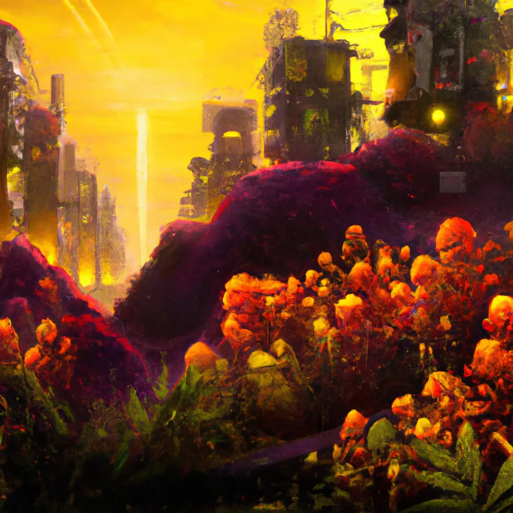 Prompt: Futuristic Red City with A Everything covered in yellow alien Plants, by John Atkinson Grimshaw and Gregory Crewdson, sci-fi art, fantasy lighting, vivid, soft render, cgsociety, concept art digital painting