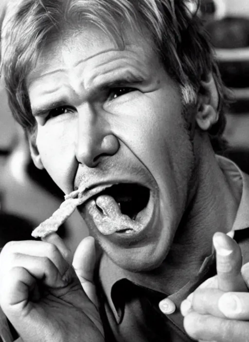 Prompt: Photograph of Harrison Ford eating a hamburger, taken during 1977, black and white