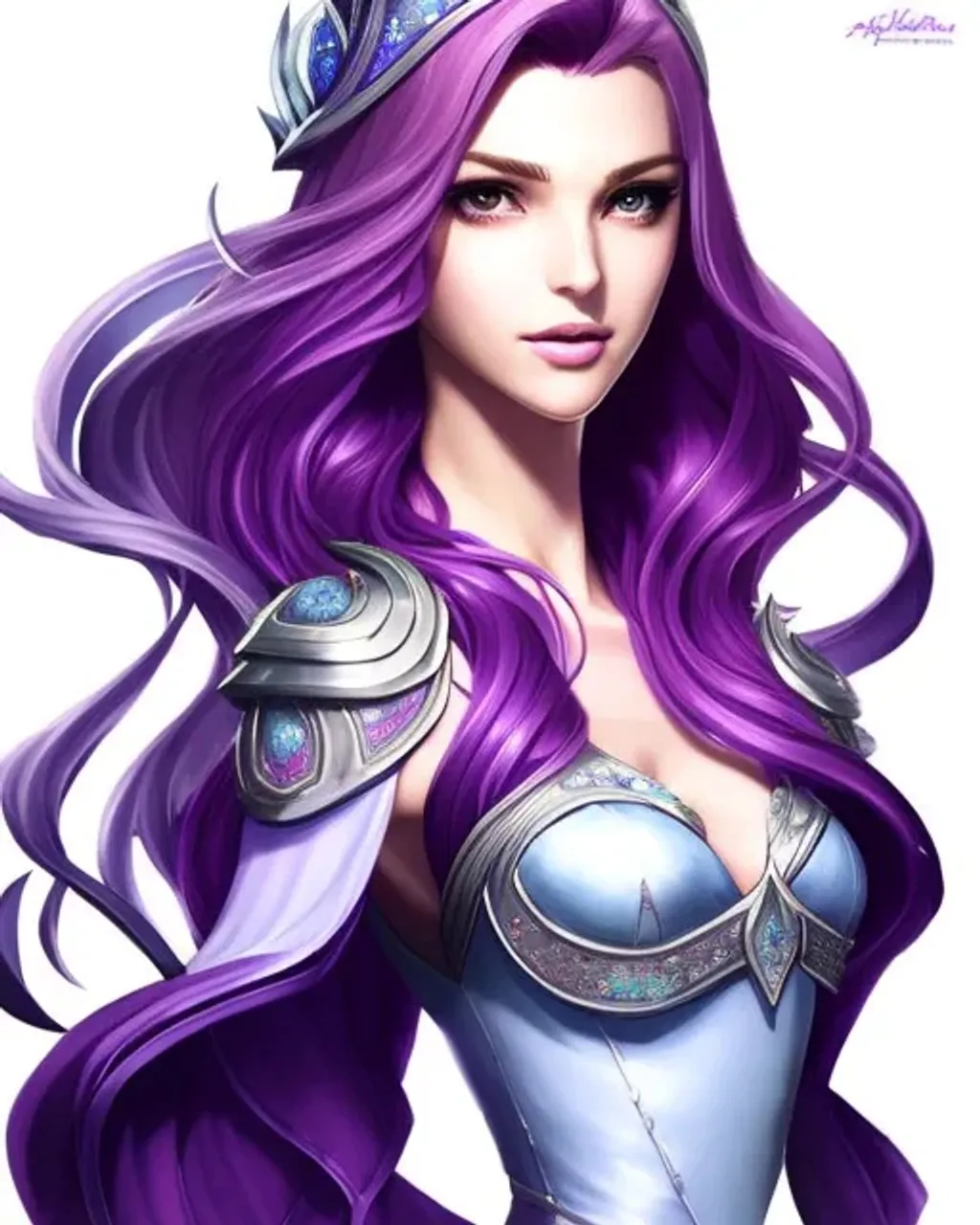 Prompt: portrait of lux from league of legends fantasy, purple flowing hair with silver highlights, intricate, elegant, highly detailed, detailed dress, digital painting, artstation, concept art, smooth, sharp focus, illustration, art by artgerm and greg rutkowski and mucha