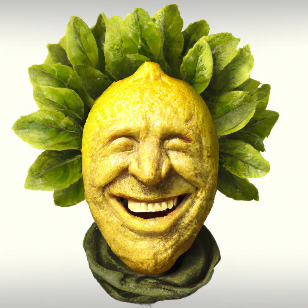 Prompt: Laughing Lemon skin texture Frankenstein with Laurel wreath wrapped on his head, as Total 3-D Lemon
