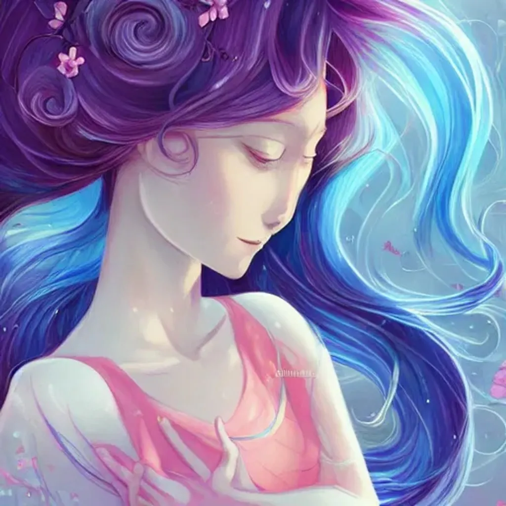 Prompt: very very very very beautiful portrait of a girl with blue flowing hair, portrait by loish, and Lois van Baarle, daily deviation, disney inspired, stunning masterpiece, anime style, ufotable, ghibli, makoto shinkai, pink flower