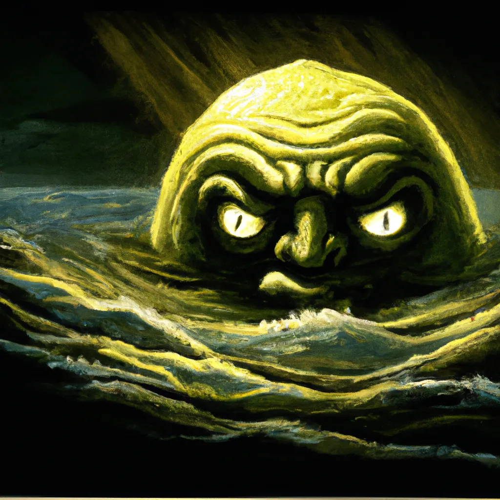 Prompt: A lovecraftian angry lemon emerging from the sea, cinematic, cinematic lighting, glowing edges, dark matte illustration, intricate details, 8k, realistic, artwork by Dan Mumford